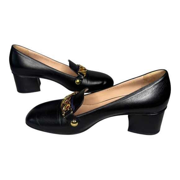 Gucci Sylvie Black Leather Chain Web Stripe Block Heel Pumps Shoes 38.5 US 8.5 - Picture 11 of 15